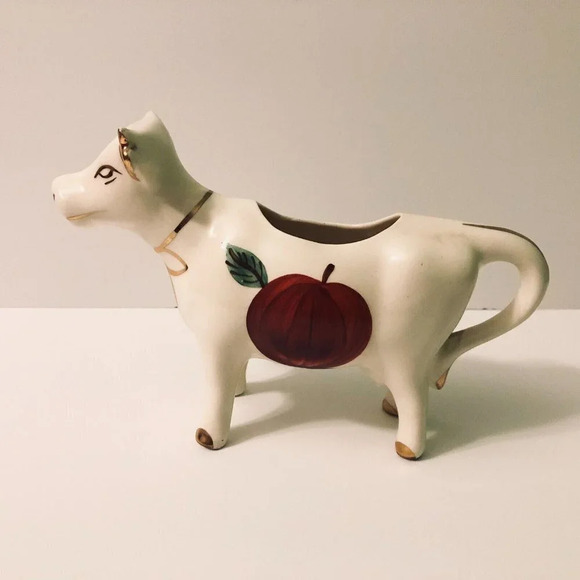 Vintage Ceramic Cow Creamer Figurine Apple 8 Inch Long Farm  Animal - Picture 3 of 12